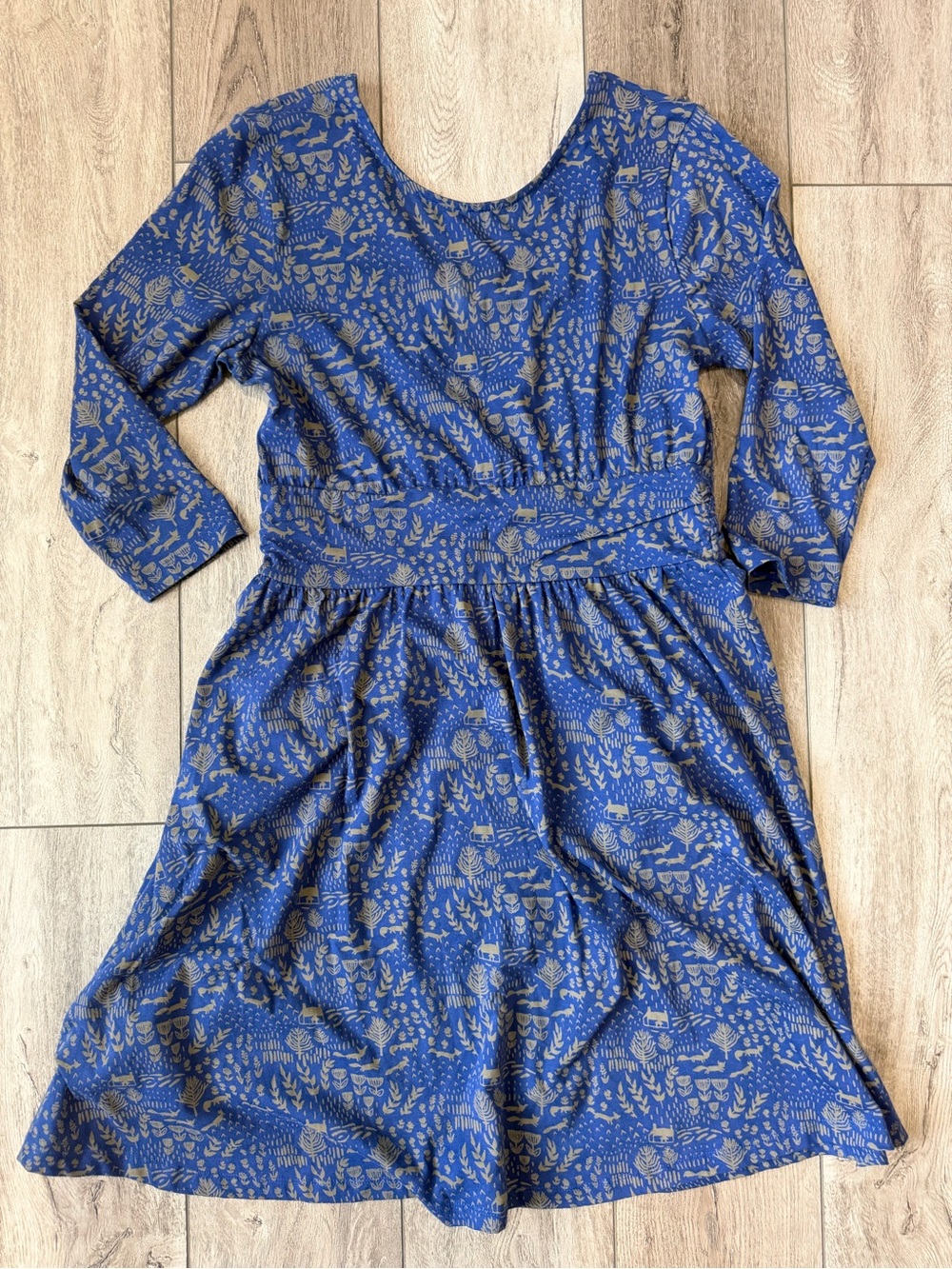 Mata Traders- Woodlands Theme Organic Cotton Blue Dress with Tan Nature Print